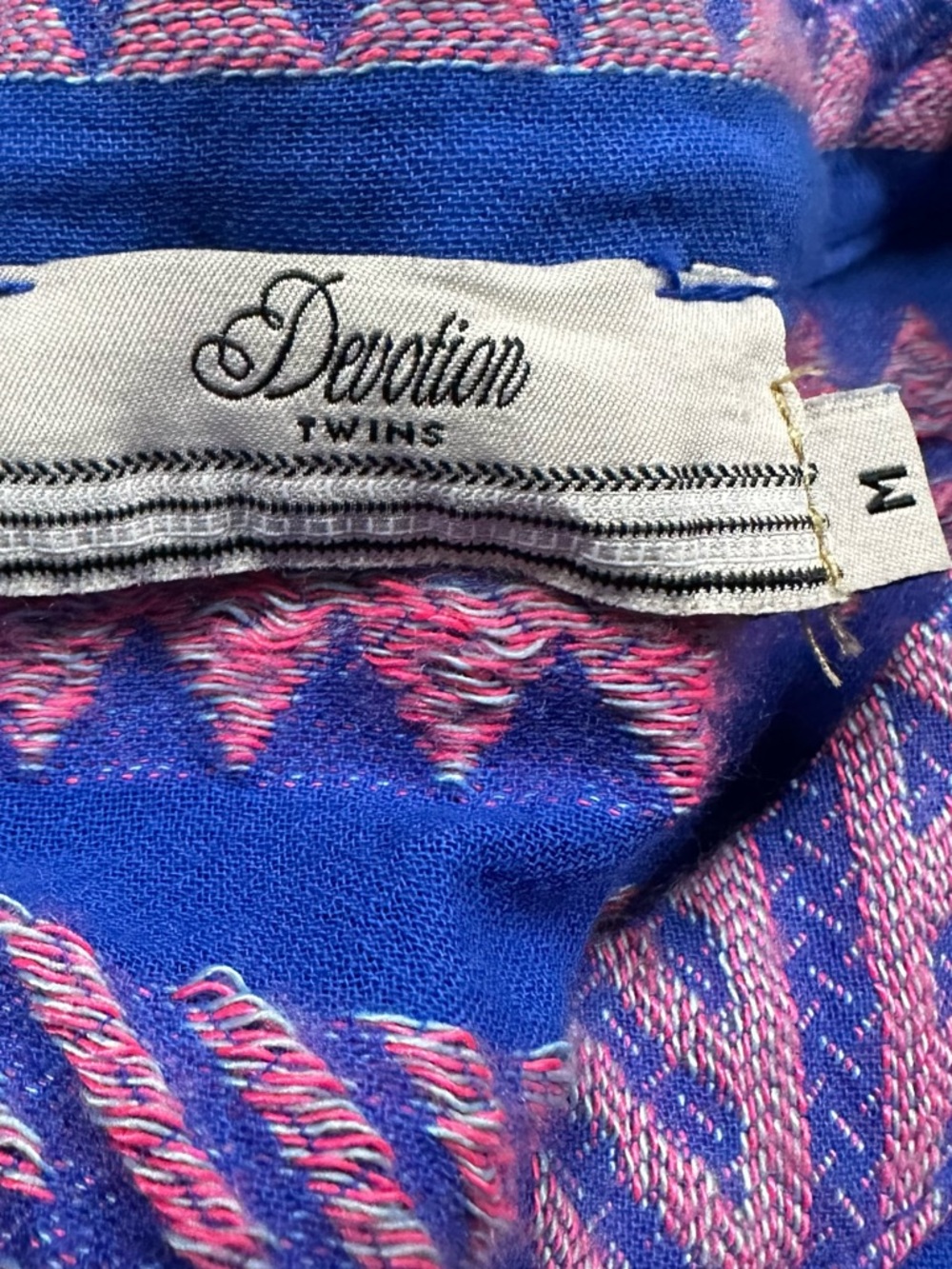 Devotion TWINS Blue Pink Geometric Woven Tier Bell Sleeve Mini Dress Medium - Picture 7 of 12